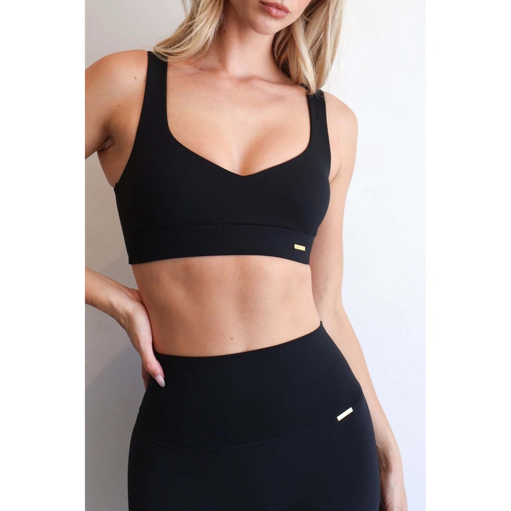 Cleo Harper Indy Bralet Black V-Neck Sports Bra Gold Logo XL
